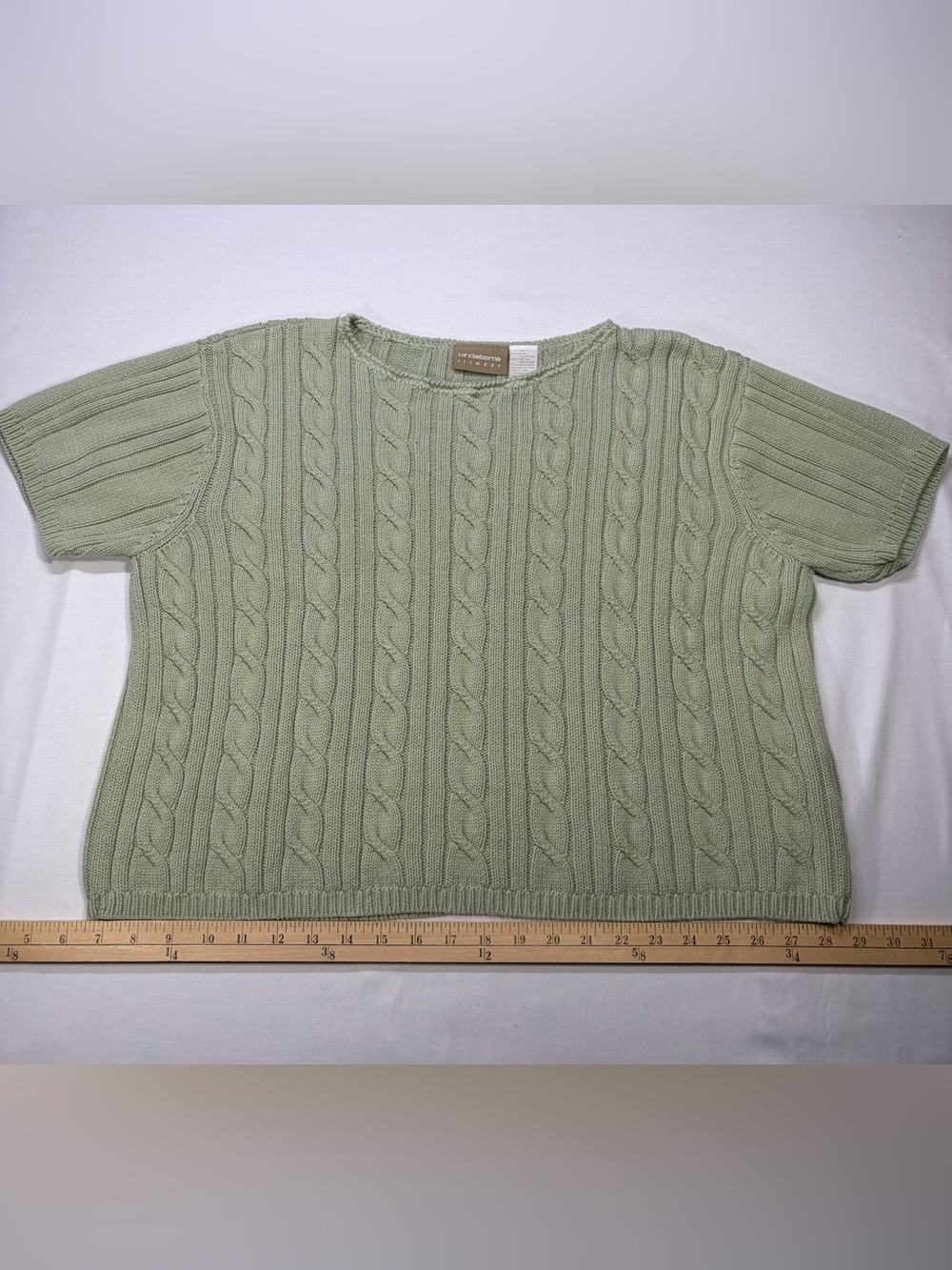 Liz Claiborne Light Sage Cable Knit Short Sleeve Crew Sweater